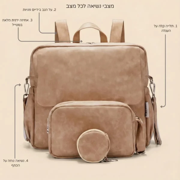 מצבי נשיאה לכל מצב: תלייה על העגלה, על הגב, אחיזה ביד ועל הכתף