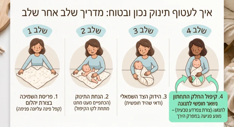 אינפוגרפיקה של 4 שלבים לאיור עיטוף תינוק נכון, עם חצים המדגישים שאזור הירכיים והרגליים נשאר חופשי לתנועה למניעת פגיעה במפרק הירך.