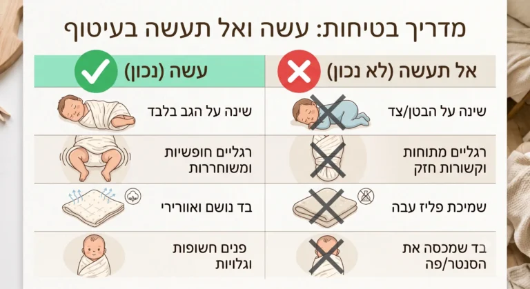 אינפוגרפיקת בטיחות בעיטוף: מציגה וי ירוק לשינה על הגב ורגליים חופשיות, ואיקס אדום לשינה על הבטן, רגליים קשורות חזק או כיסוי הפנים.