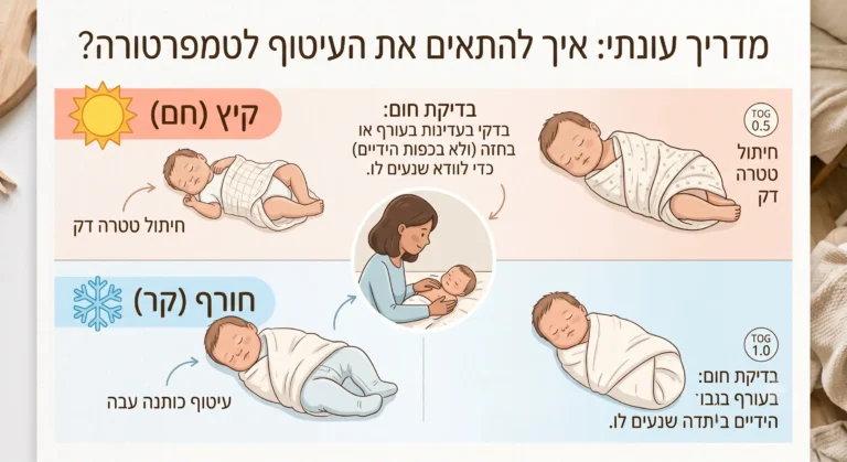 אינפוגרפיקה המציגה הנחיות לעיטוף תינוק בקיץ ובחורף לפי מדד TOG, כולל איור המראה כיצד לבדוק אם לתינוק חם בעזרת מגע בעורף או בחזה.