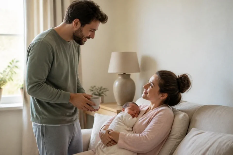 הורים טריים בבית בימים הראשונים אחרי הלידה